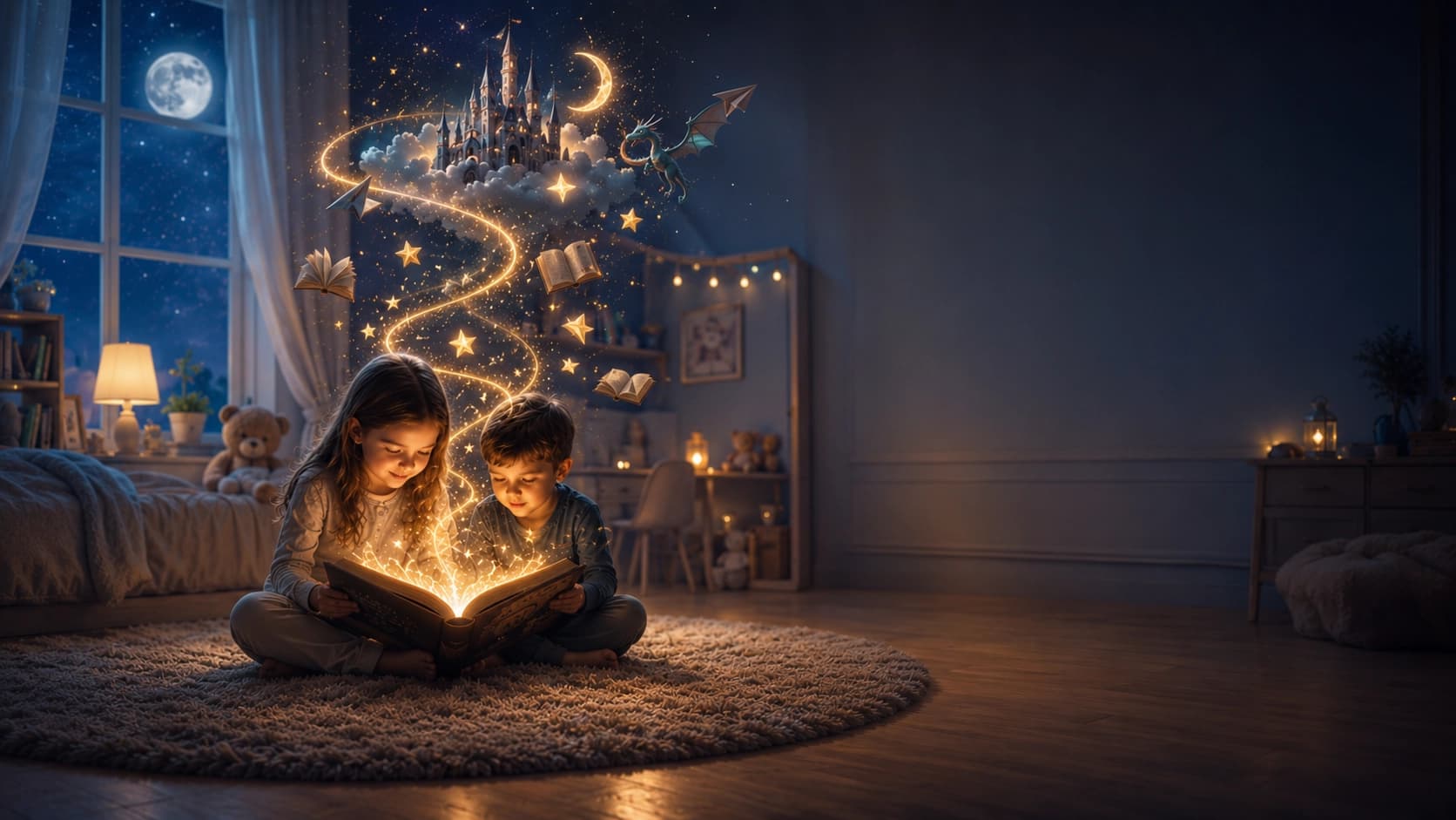 A child reading a personalized book in warm bedroom light